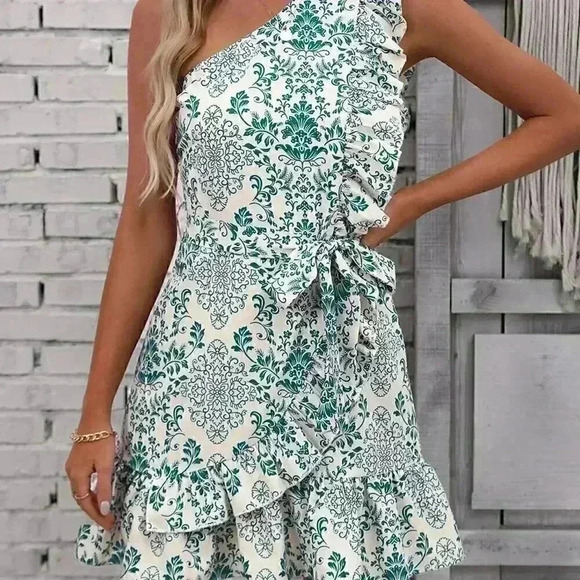 Green Boho Women's Floral Print One Shoulder Ruffle Trim Wrap Hem Belted Dress - Picture 5 of 6